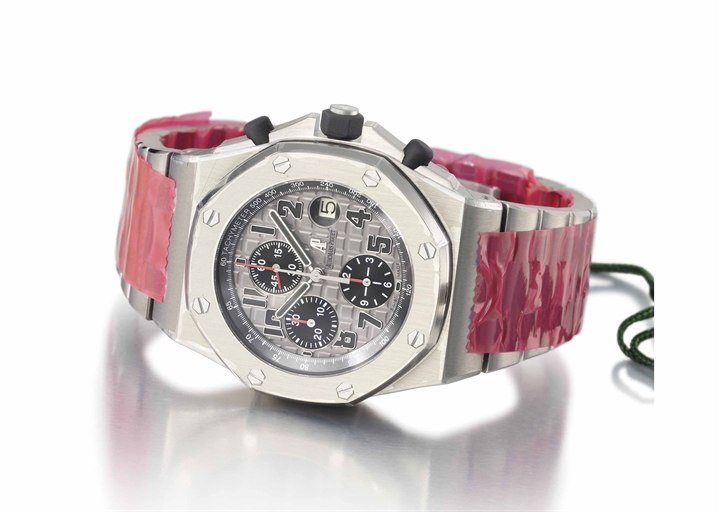 Audemars Piguet. A large titanium tonneau-shaped automatic chronograph wristwatch with date and bracelet