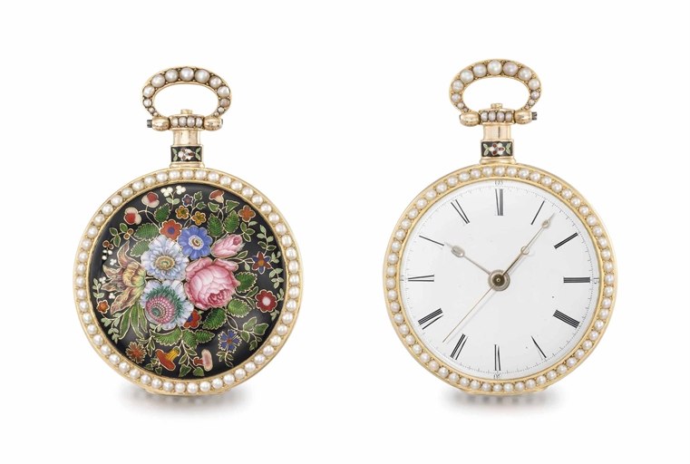 Just & Son. A fine and rare 18K gold, enamel and pearl-set openface lever watch with centre seconds, made for the Chinese market