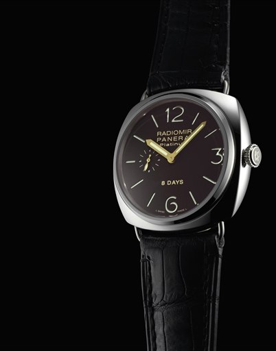 PANERAI. A FINE, RARE AND LARGE PLATINUM LIMITED EDITION CUSHION-SHAPED WRISTWATCH WITH EIGHT DAY POWER RESERVE