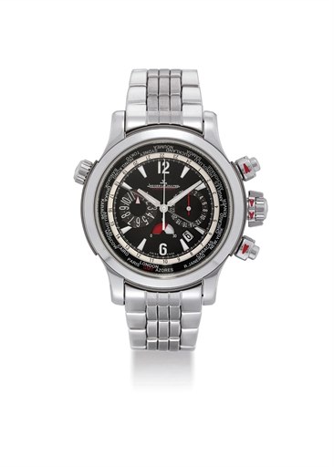 JAEGER-LECOULTRE. AN OVERSIZED STAINLESS STEEL AUTOMATIC WORLD TIME CHRONOGRAPH WRISTWATCH WITH 24 HOUR DISPLAY, DATE AND BRACELET