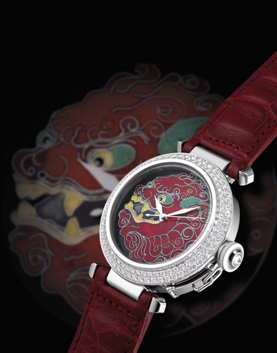 CARTIER. A FINE AND RARE 18K WHITE GOLD AND DIAMOND-SET LIMITED EDITION AUTOMATIC WRISTWATCH WITH SWEEP CENTRE SECONDS AND CLOISONNÉ ENAMEL DIAL