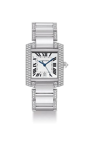 CARTIER. A FINE 18K WHITE GOLD AND DIAMOND-SET SQUARE AUTOMATIC BRACELET WATCH WITH DATE AND SWEEP CENTRE SECONDS