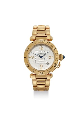 CARTIER. A LARGE 18K GOLD AUTOMATIC WRISTWATCH WITH DATE, SWEEP CENTRE SECONDS AND BRACELET