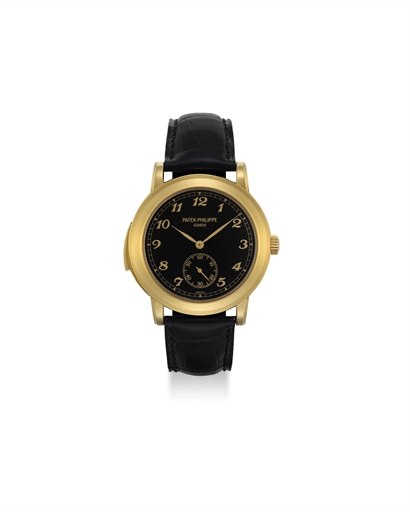 PATEK PHILIPPE. A VERY RARE AND LARGE 18K GOLD LIMITED EDITION AUTOMATIC MINUTE REPEATING WRISTWATCH WITH BLACK DIAL, CATHEDRAL GONGS, ORIGINAL CERTIFICATE, ADDITIONAL CASE BACK AND BOX