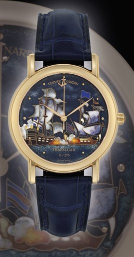 ULYSSE NARDIN. A FINE 18K GOLD LIMITED EDITION AUTOMATIC WRISTWATCH WITH CLOISONNÉ ENAMEL DIAL AND SWEEP CENTRE SECONDS