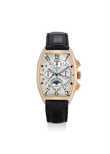 FRANCK MULLER. A FINE 18K PINK GOLD TONNEAU-SHAPED AUTOMATIC DOUBLE RETROGRADE PERPETUAL CALENDAR CHRONOGRAPH WRISTWATCH WITH MOON PHASES AND LEAP YEAR INDICATION