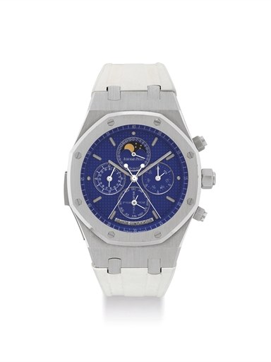 AUDEMARS PIGUET. AN EXTREMELY RARE AND IMPRESSIVE 18K WHITE GOLD AUTOMATIC MINUTE REPEATING PERPETUAL CALENDAR SPLIT SECONDS CHRONOGRAPH WRISTWATCH WITH LEAP YEAR INDICATION AND MOON PHASES