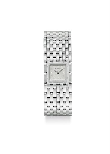 CARTIER. A LADY'S 18K WHITE GOLD AND DIAMOND-SET SQUARE BRACELET WATCH