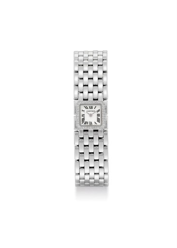 CARTIER. A LADY'S 18K WHITE GOLD AND DIAMOND-SET BRACELET WATCH WITH MOTHER-OF-PEARL DIAL