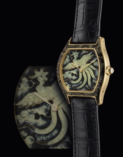 CARTIER. A FINE AND RARE 18K GOLD AND ENAMEL LIMITED EDITION TONNEAU-SHAPED WRISTWATCH WITH CLOISONNE ENAMEL DIAL