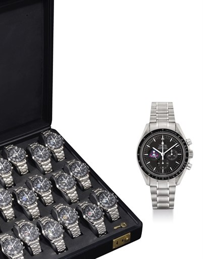 OMEGA. A FINE AND RARE COLLECTION OF 21 STAINLESS STEEL LIMITED EDITION CHRONOGRAPH WRISTWATCHES WITH BRACELETS, MADE TO COMMEMORATE THE SPEEDMASTER PROFESSIONAL 40TH ANNIVERSARY