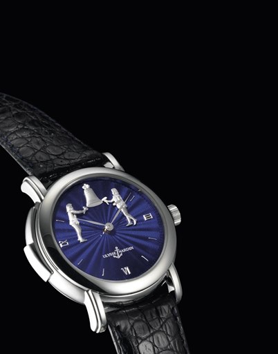 ULYSSE NARDIN. A FINE AND VERY RARE LIMITED EDITION PLATINUM MINUTE REPEATING WRISTWATCH WITH JACQUEMART AUTOMATON