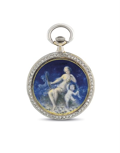 BAILLY. A PLATINUM, GOLD, ENAMEL AND DIAMOND-SET OPENFACE KEYLESS LEVER PENDANT WATCH