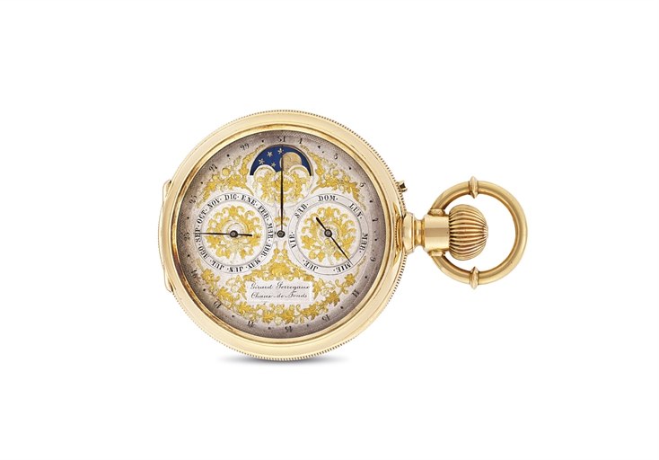 GIRARD-PERREGAUX. A FINE AND RARE 18K GOLD OPENFACE DOUBLE DIAL TRIPLE CALENDAR KEYLESS LEVER WATCH WITH MOON PHASES, MADE FOR THE SOUTH AMERICAN MARKET