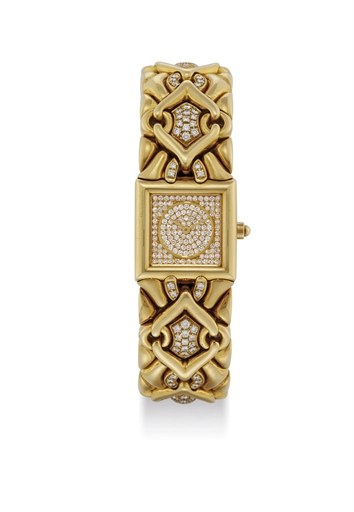 BULGARI. A LADY'S 18K GOLD AND DIAMOND-SET HEAVY SQUARE BRACELET WATCH