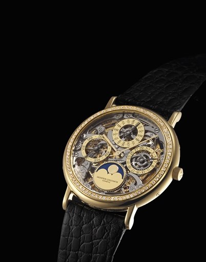 VACHERON CONSTANTIN. A FINE AND RARE 18K GOLD AND DIAMOND-SET PERPETUAL CALENDAR SKELETONISED AUTOMATIC WRISTWATCH WITH MOON PHASES