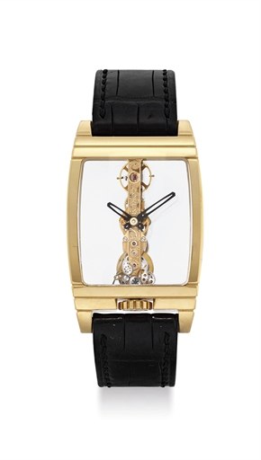 CORUM. A FINE 18K GOLD SKELETONIZED WRISTWATCH WITH LINEAR MOVEMENT
