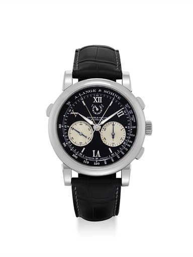 A. LANGE & SÖHNE. A VERY FINE, RARE, LARGE, AND HEAVY PLATINUM DOUBLE SPLIT SECONDS FLYBACK CHRONOGRAPH WRISTWATCH WITH POWER RESERVE AND ORIGINAL CERTIFICATE