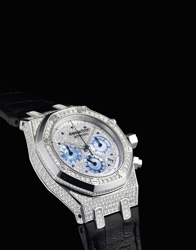 AUDEMARS PIGUET. AN IMPRESSIVE AND RARE 18K WHITE GOLD, DIAMOND AND SAPPHIRE-SET AUTOMATIC CHRONOGRAPH WRISTWATCH WITH DATE AND MOTHER-OF-PEARL REGISTERS