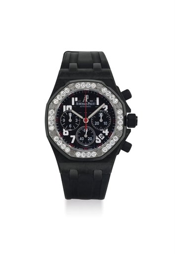 AUDEMARS PIGUET. A LADY'S FINE CARBON, STAINLESS STEEL AND DIAMOND-SET AUTOMATIC CHRONOGRAPH WRISTWATCH WITH DATE