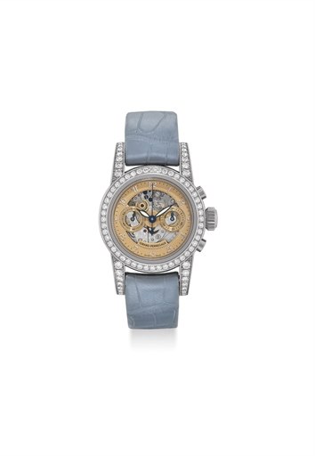 GIRARD-PERREGAUX. A LADY'S 18K WHITE GOLD AND DIAMOND-SET AUTOMATIC SEMI-SKELETONISED CHRONOGRAPH WRISTWATCH