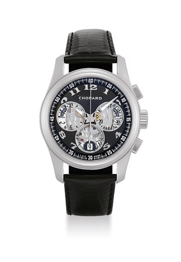 CHOPARD. A FINE AND RARE 18K WHITE GOLD LIMITED EDITION AUTOMATIC SEMI-SKELETONISED FLYBACK CHRONOGRAPH WRISTWATCH WITH DATE