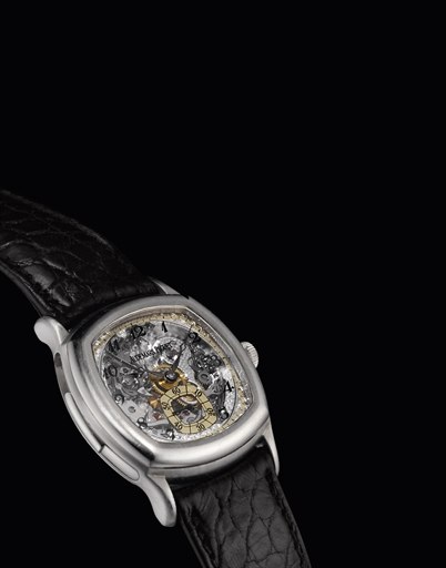 AUDEMARS PIGUET. A FINE AND RARE PLATINUM CUSHION-SHAPED SKELETONISED MINUTE REPEATING WRISTWATCH