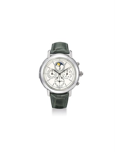 AUDEMARS PIGUET. AN EXTREMELY RARE, IMPORTANT AND OVERSIZED PLATINUM AUTOMATIC MINUTE REPEATING PERPETUAL CALENDAR SPLIT SECONDS CHRONOGRAPH WRISTWATCH WITH MOON PHASES, CALENDAR WEEK AND LEAP YEAR INDICATION