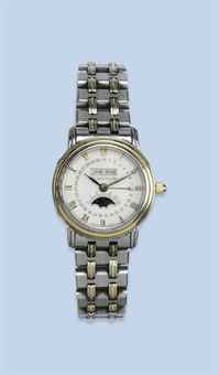 A LADY'S STAINLESS STEEL AND GOLD TRIPLE CALENDAR WRISTWATCH WITH MOONPHASE, BY BLANCPAIN | Jewelry Auction | 1990s, self-winding (automatic) | Christie's