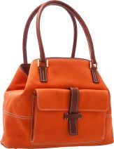 Loro Piana Orange Canvas & Brown Leather Globe Tote Bag with.Gold Hardware.