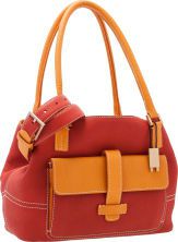 Loro Piana Tan Canvas and Orange Leather Handbag