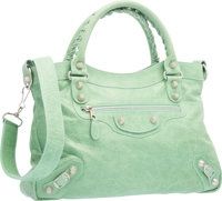 Balenciaga Vert d'Eau Green Lambskin Leather Silver First Bag..Very Good Condition. 13 Width x 7.5 Height x 2.5.Dep...