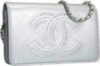 Chanel Metallic Silver Patent Leather Strauss Wallet on Chain Bag.with Silver Hardware. Excellent to Pristine Condition...