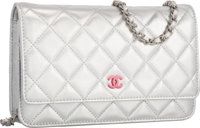 Chanel Metallic Silver Quilted Lambskin Leather Wallet on Chain Bag.with Silver Hardware. Excellent Condition. 7.5 Wi...