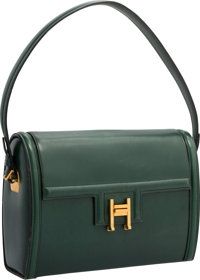 Hermes Vert Fonce Calf Box Leather Sac Rondo Bag with Gold.Hardware. Circa 1950's. Very Good Condition. 10.Width...