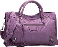 Balenciaga Metallic Purple Lambskin Leather Classic City Bag..Excellent Condition. 15 Width x 9.5 Height x 5.5.Dept...