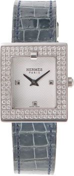 Hermes Double Diamond Bezel Square Watch with Blue Jean Porosus.Crocodile Strap....