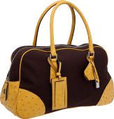 Prada Classic Brown Canvas and Yellow Ostrich Large Bowling Bag....