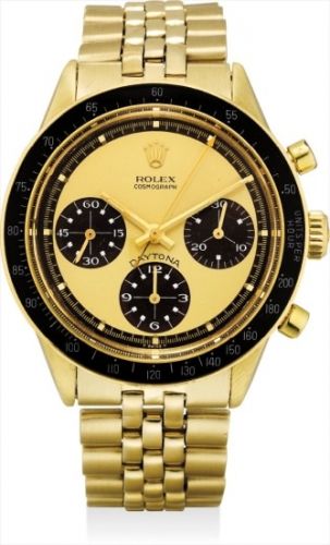 Rolex Follow;Ref. 6241;An extremely rare, fine and attractive 14k gold chronograph wristwatch with tropical Paul Newman ‘lemon’ grené dial, white graphics and 14k gold bracelet