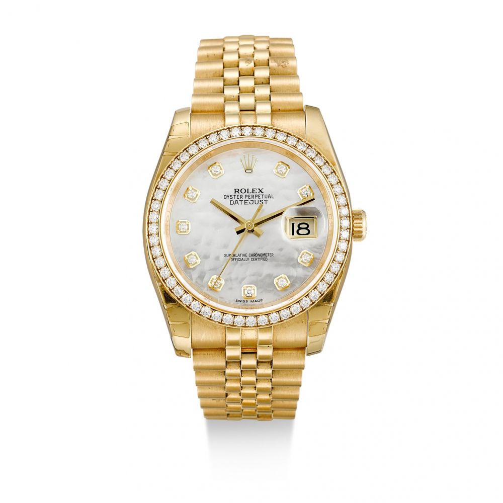 ROLEX | DATEJUST, REFERENCE 116238, A YELLOW GOLD AND DIAMOND-SET WRISTWATCH WITH DATE, MOTHER-OF-PEARL DIAL AND BRACELET, CIRCA 2018
