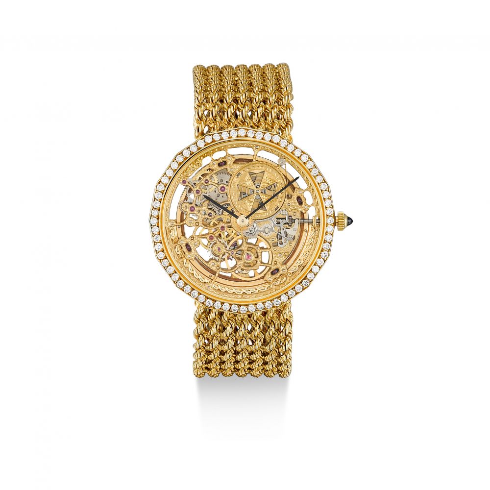 VACHERON CONSTANTIN | PATRIMONY, REFERENCE 43502, A YELLOW GOLD AND DIAMOND-SET SKELETONISED BRACELET WATCH, CIRCA 1990