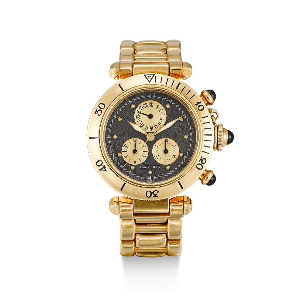 CARTIER | PASHA, REFERENCE 1353, A YELLOW GOLD CHRONOGRAPH WRISTWATCH WITH DATE AND BRACELET, CIRCA 2000