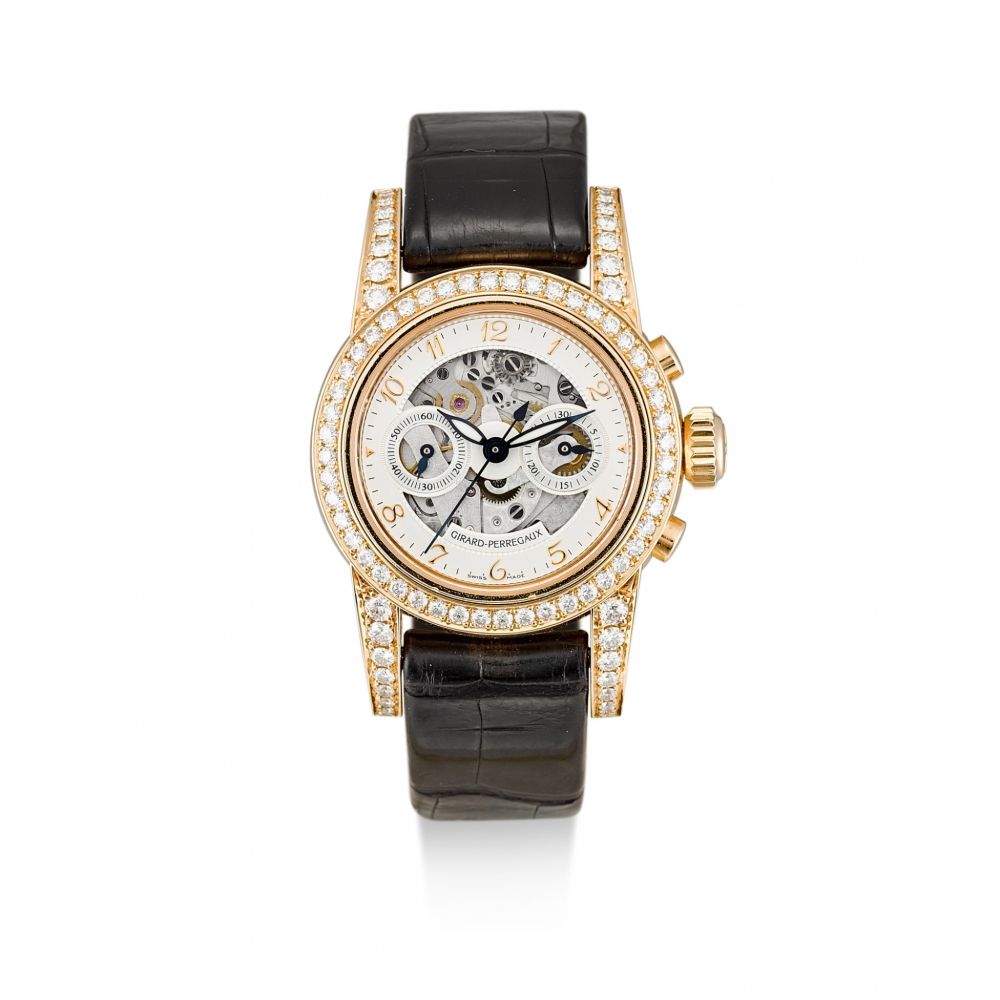 GIRARD-PERREGAUX | 1966, REFERENCE GP 8046, A PINK GOLD AND DIAMOND-SET SKELETONIZED CHRONOGRAPH WRISTWATCH, CIRCA 2000