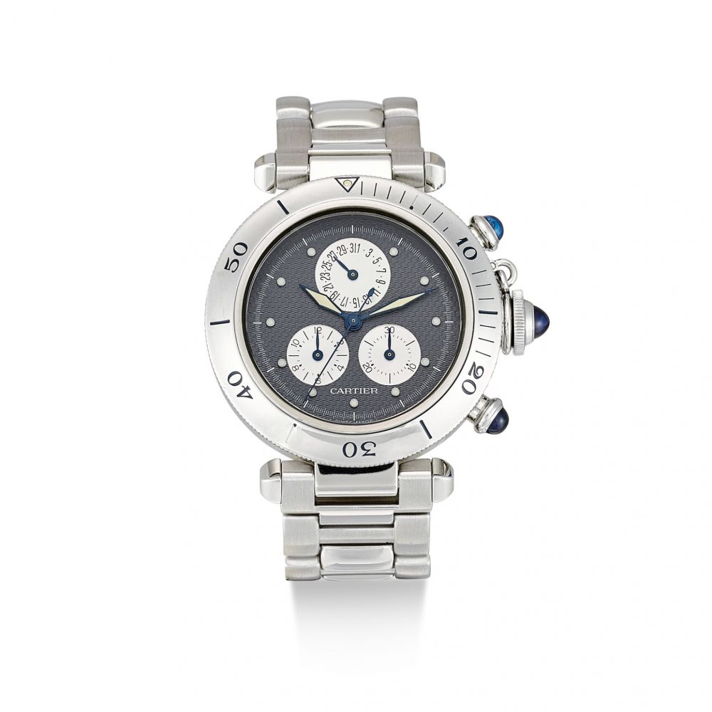 CARTIER | PASHA, REFERENCE 1352, A STAINLESS STEEL CHRONOGRAPH WRISTWATCH WITH DATE AND BRACELET, CIRCA 2000