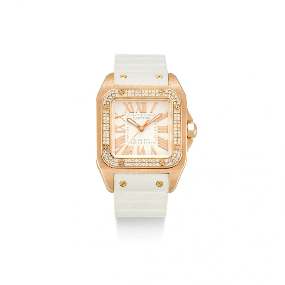 CARTIER | SANTOS 100, REFERENCE 2879 A PINK GOLD AND DIAMOND-SET WRISTWATCH, CIRCA 2017