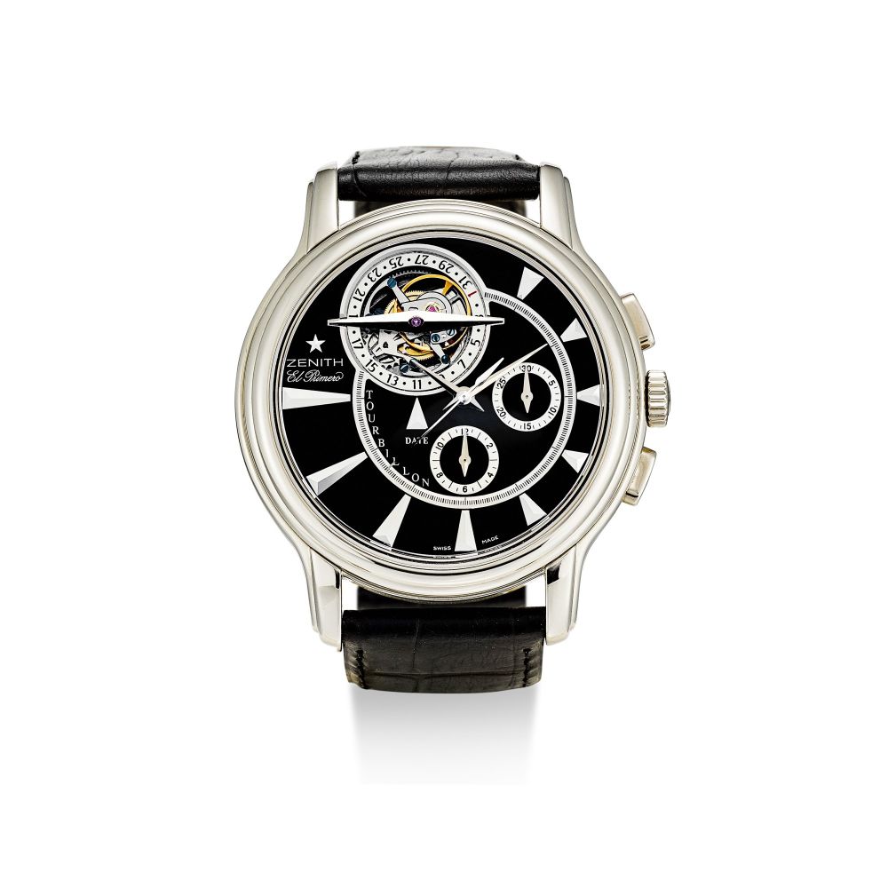 ZENITH | ACADEMY TOURBILLON EL PRIMERO, REFERENCE 65 1260 4005 A LIMITED EDITION WHITE GOLD TOURBILLON CHRONOGRAPH WRISTWATCH WITH DATE, CIRCA 2004