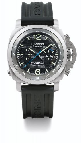 Panerai A SPECIAL EDITION STAINLESS STEEL AUTOMATIC SPLIT SECONDS CUSHION-FORM CHRONOGRAPH WRISTWATCH WITH REGISTERS AND TACHYMETER PAM00286 NO J271/500 LUMINOR 1950 REGATTA RATTRAPANTE MADE IN 2007