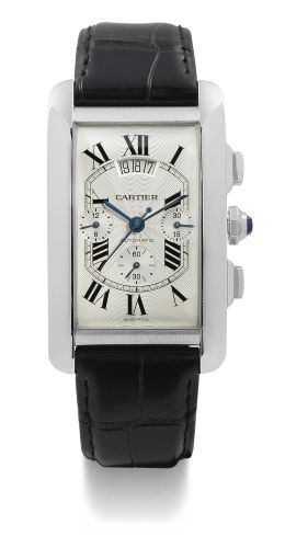 Cartier A WHITE GOLD RECTANGULAR AUTOMATIC CHRONOGRAPH WRISTWATCH WITH DATE REF 2894 CASE 83943LX TANK AMERICANE CIRCA 2006