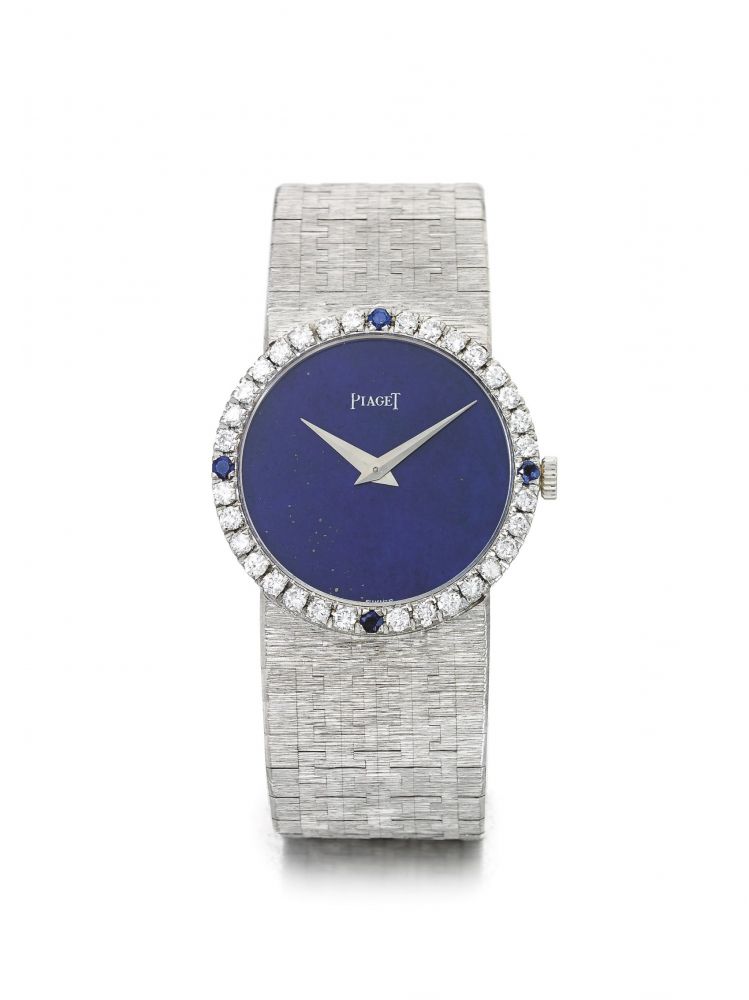 PIAGET | REF 9706 A6, A WHITE GOLD DIAMOND AND SAPPHIRE-SET BRACELET WATCH WITH LAPIS LAZULI DIAL CIRCA 1960
