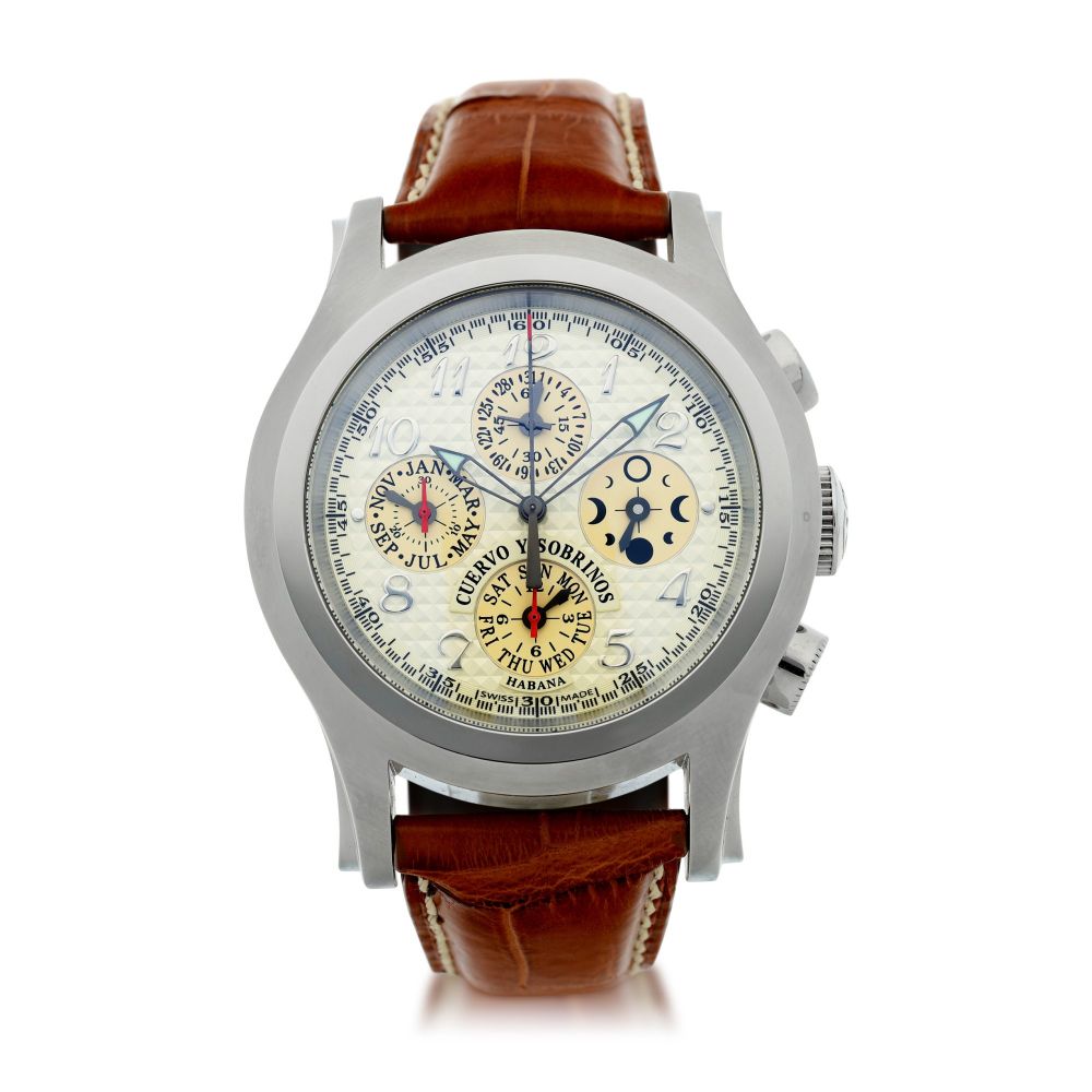 CUERVO Y SOBRINOS | REFERENCE 2859 ROBUSTO A STAINLESS STEEL AUTOMATIC TRIPLE CALENDAR WRISTWATCH WITH CHRONOGRAPH AND MOON PHASES, CIRCA 2007